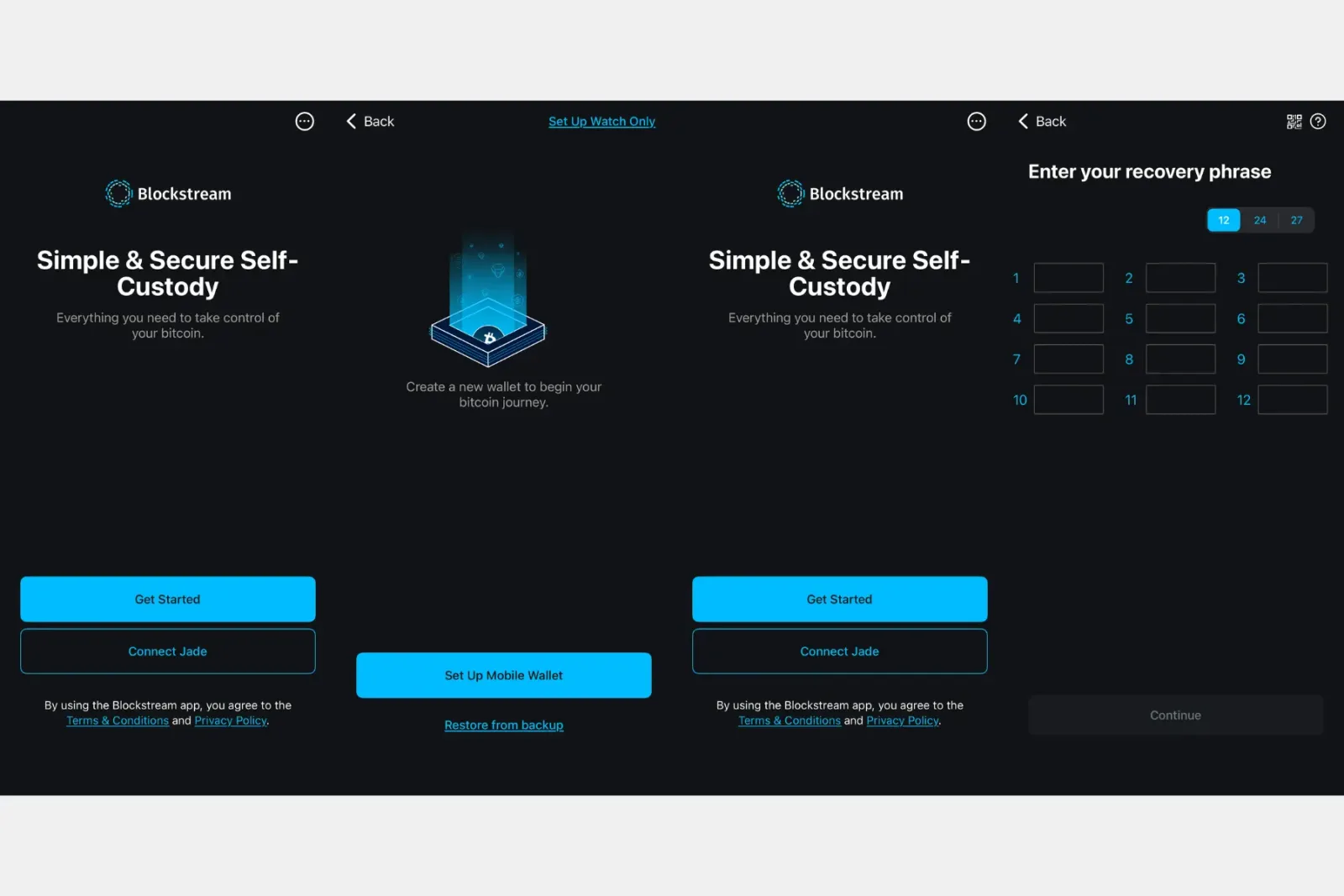 Blockstream Green screens showing Get Started, Restore from backup and recovery phrase entry