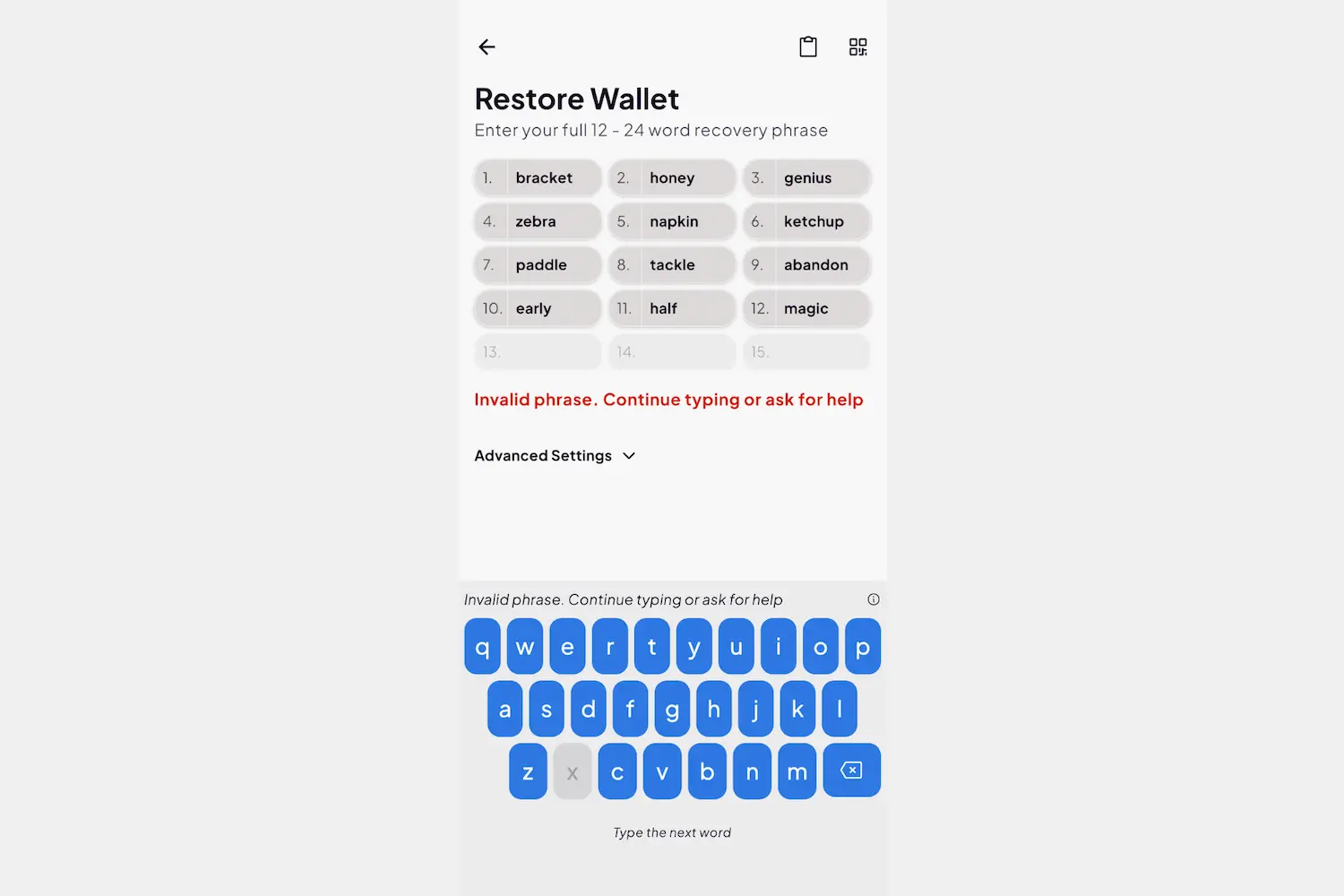 Coinomi Restore Wallet screen rejecting a deliberately invalid 12-word recovery phrase example