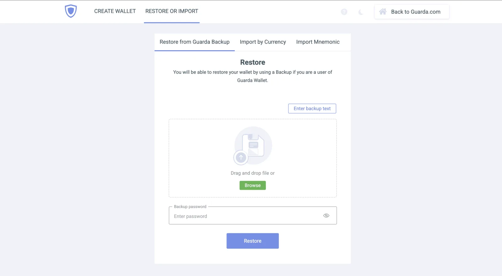 Guarda restore interface with options to enter backup text, select a backup file and enter the backup password