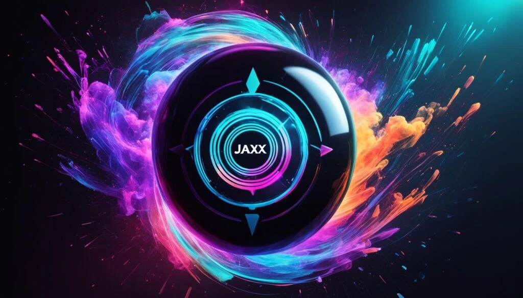 Illustration of a circular Jaxx emblem surrounded by coloured light.
