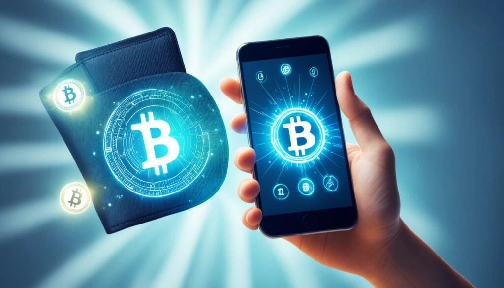 Illustration of a phone and a wallet with Bitcoin symbols.