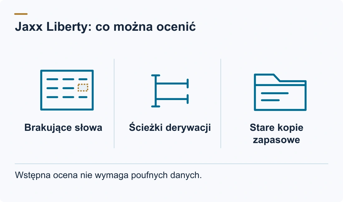 Jaxx Liberty: co można ocenić: Brakujące słowa; Ścieżki derywacji; Stare kopie zapasowe. Wstępna ocena nie wymaga poufnych danych.