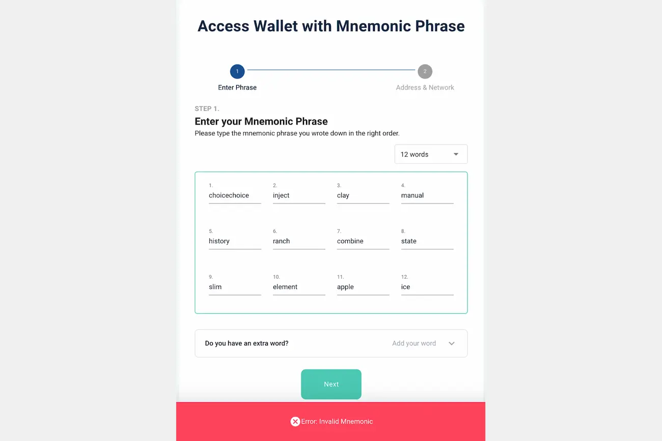 MyEtherWallet screen with twelve example words and the red message Error: Invalid Mnemonic.