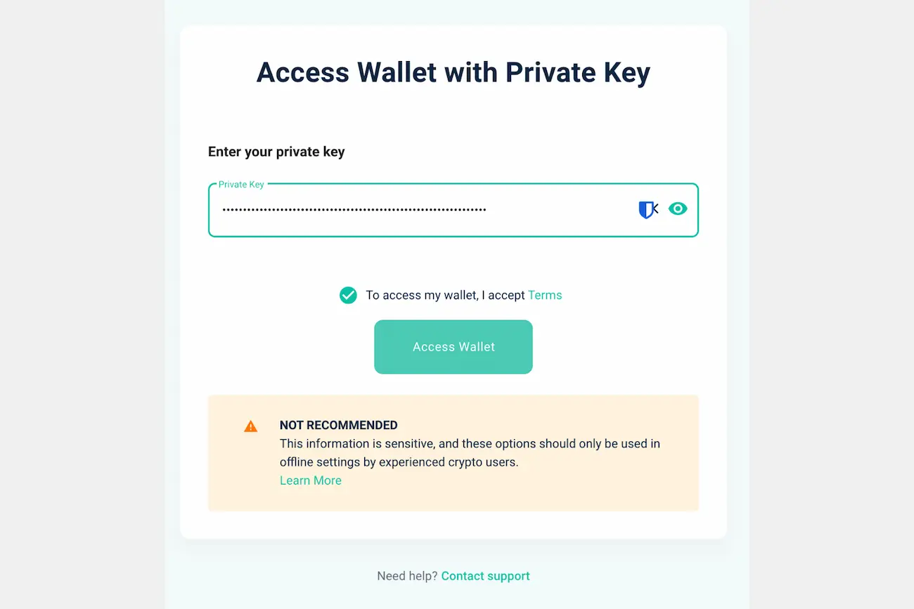 MyEtherWallet's private key entry screen with a masked input field, Terms acceptance checkbox, and Access Wallet button, plus a warning to only use this method offline.