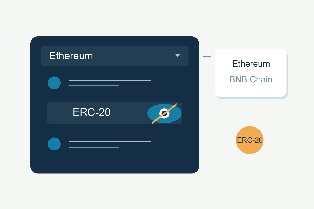 Schematic token list with Ethereum and BNB Chain network choices and an ERC-20 row marked with a crossed-out eye